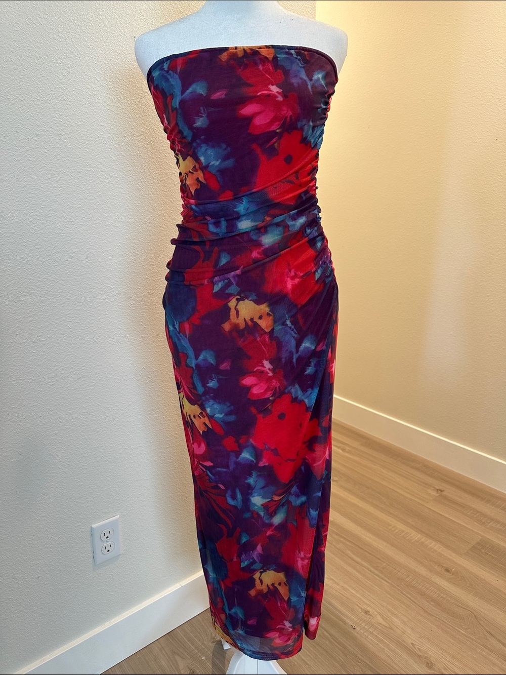 Strapless Floral Ruched Maxi Dress in Multicolor
